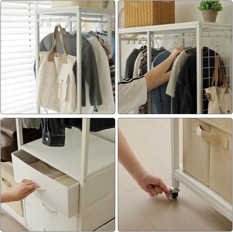 ハンガーラック 引き出し付きスリム 幅80x奥行35cm タンス付き WHITE